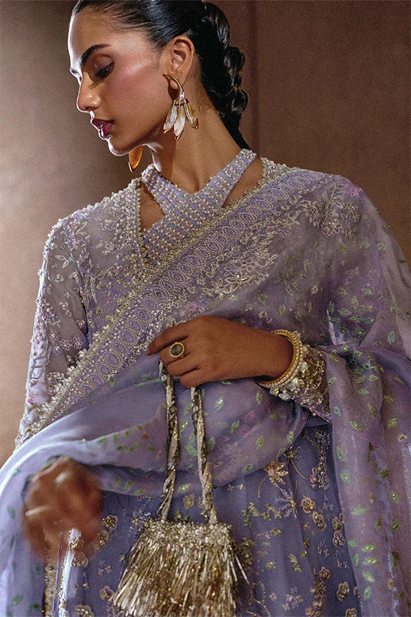 Periwinkle formal dress with sheer embroidered sleeves