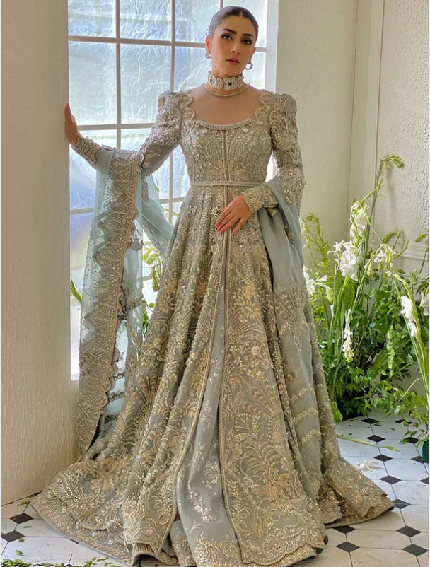 Suffuse IRIS Couture Medea sage grey bridal ensemble