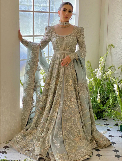Suffuse IRIS Couture Medea sage grey bridal ensemble