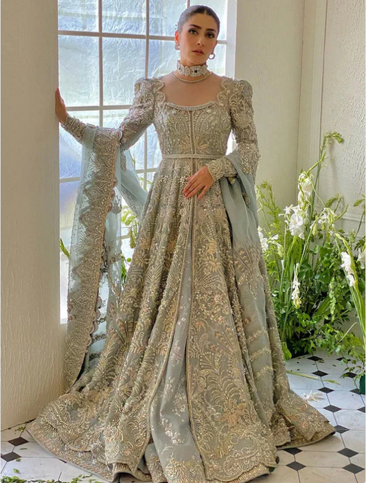 Suffuse IRIS Couture Medea sage grey bridal ensemble