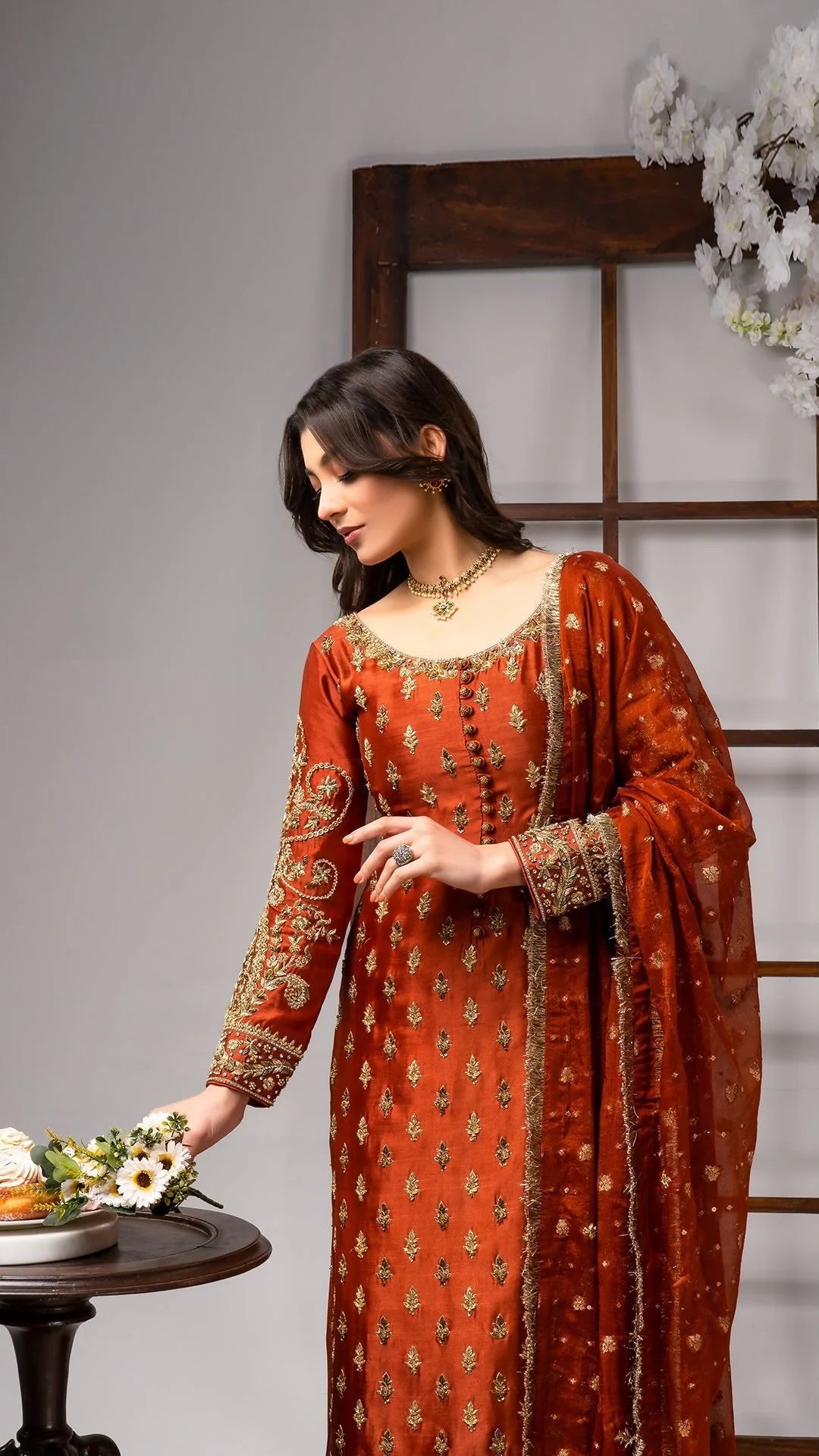 Orange embroidered Pakistani formal outfit