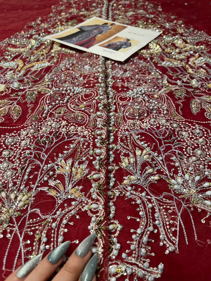 Wine red embroidered wedding outfit with dupatta