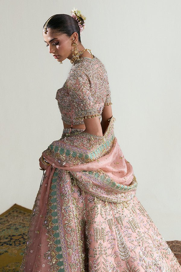 Coral Zaleh bridal lehenga with organza dupatta