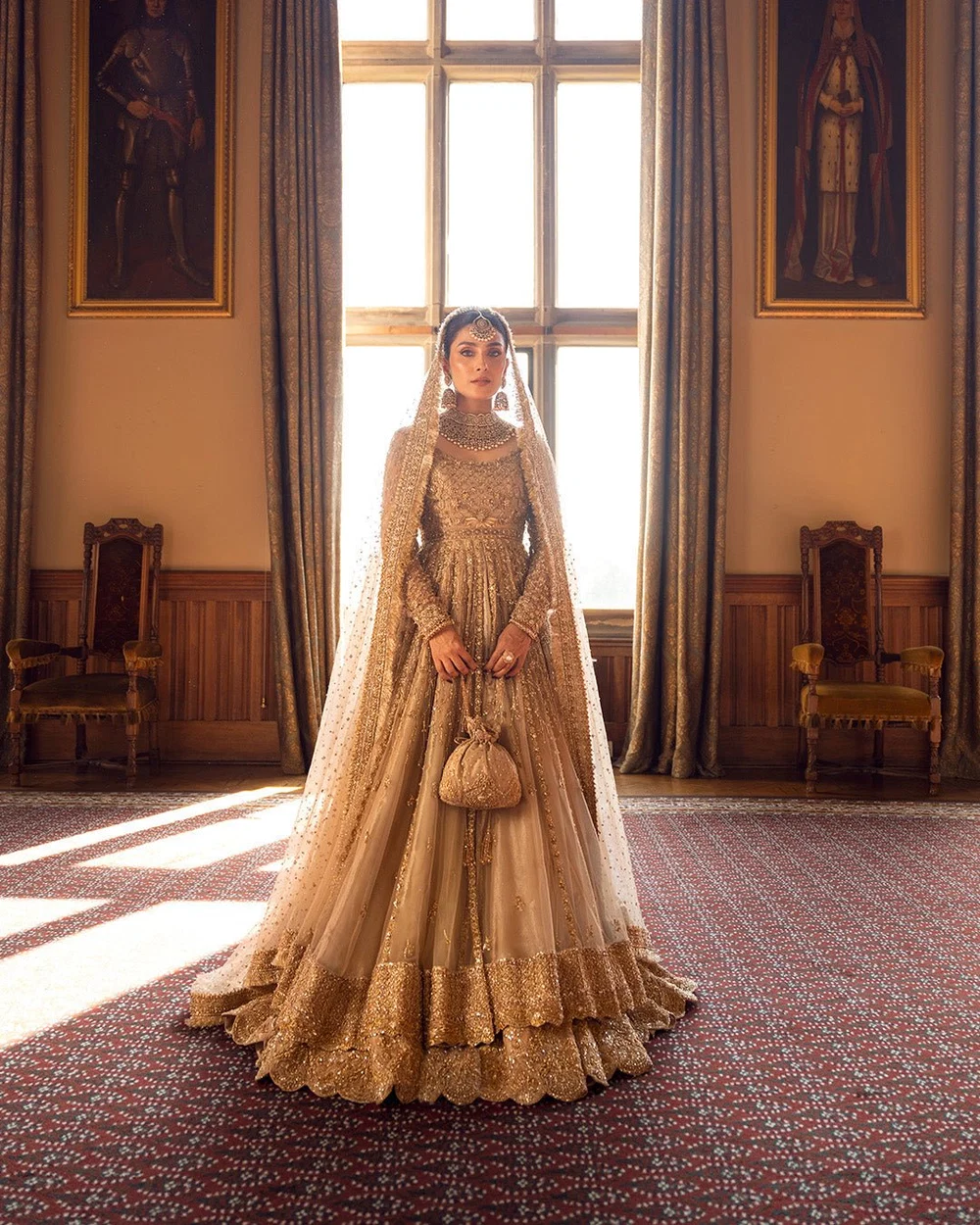 Soft gold pishwas with intricate tilla work and hand embroidery