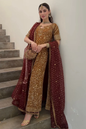 Zeeshan Danish Rust and Burgundy Pakistani formal ensemble